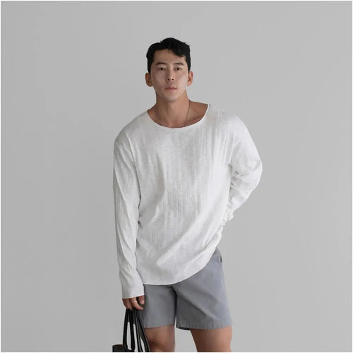 RIBBED KNIT CREW NECK LONG-SLEEVE SUN PROTECTION T-SHIRT 我是大卫