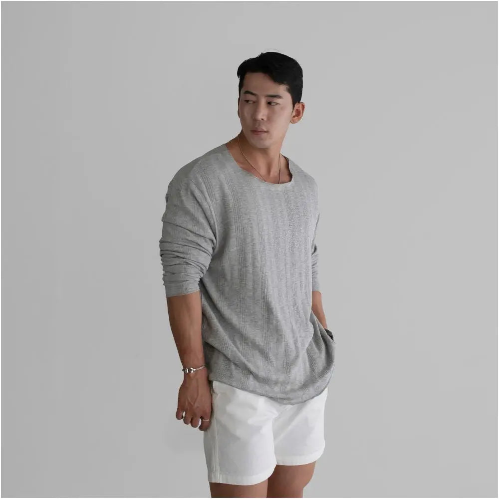 RIBBED KNIT CREW NECK LONG-SLEEVE SUN PROTECTION T-SHIRT 我是大卫