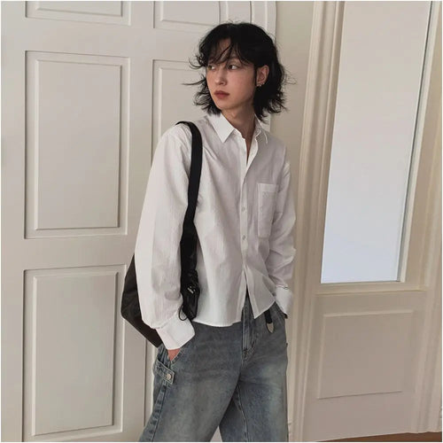 MRCYC simple casual solid color shirt men s autumn loose long sleeved shirt Korean commuting style versatile top image 4