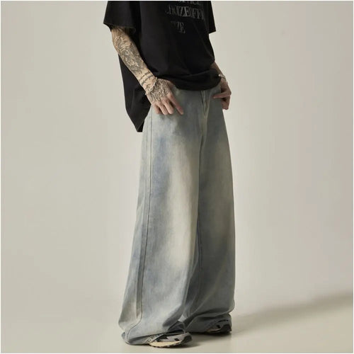 ISIETS American retro hanging loose wide leg jeans for men floor length oversized pants trendy casual pants image 1