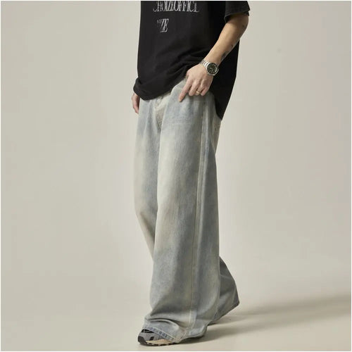ISIETS American retro hanging loose wide leg jeans for men floor length oversized pants trendy casual pants image 2