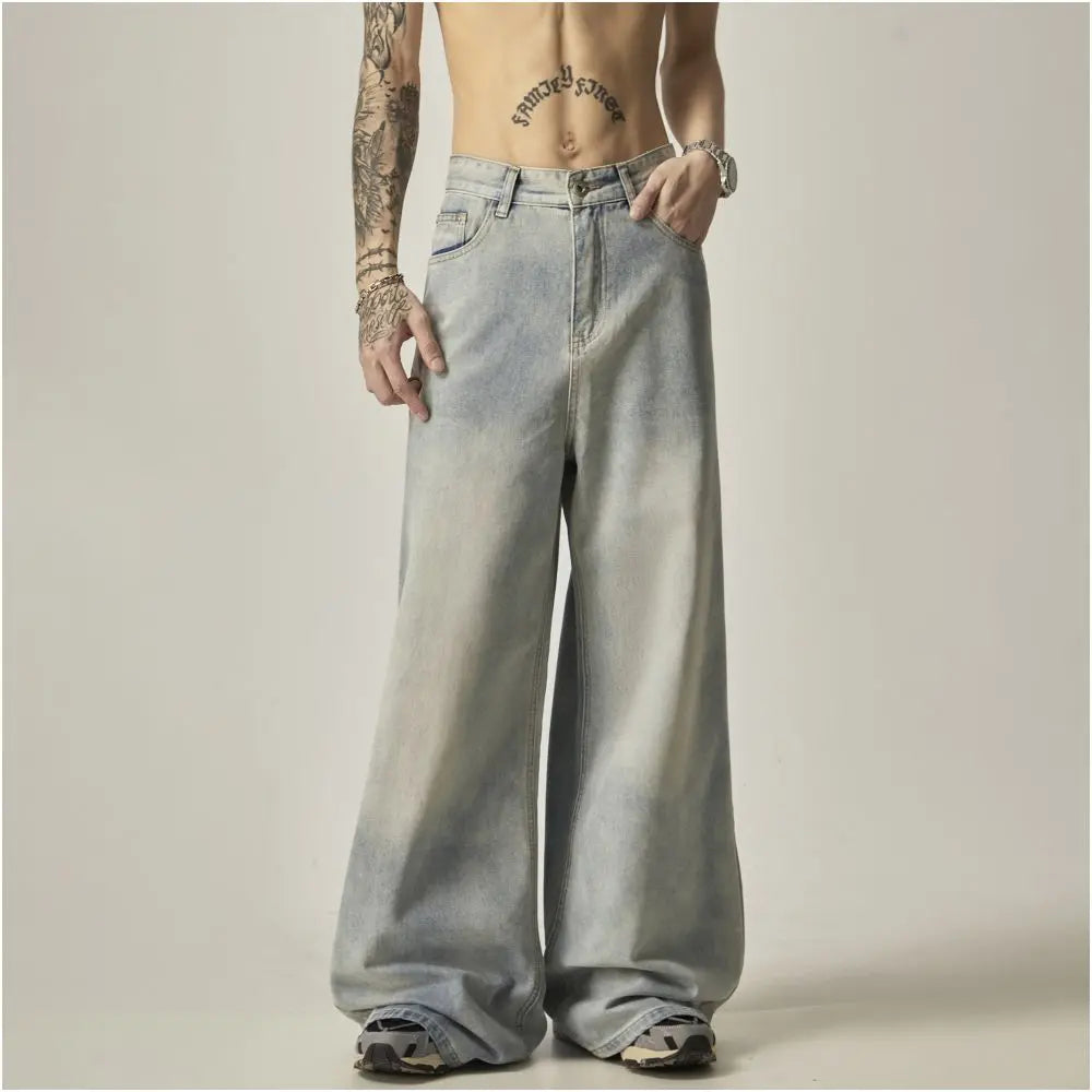 ISIETS American retro hanging loose wide leg jeans for men floor length oversized pants trendy casual pants image 4