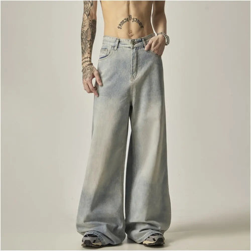 ISIETS American retro hanging loose wide leg jeans for men floor length oversized pants trendy casual pants image 4