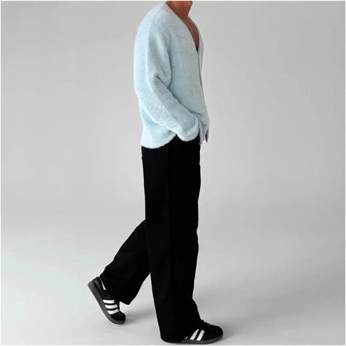 Light blue sweater cardigan men s spring and autumn V neck soft and lazy style knitted sweater warm and thick plush jacket image 3