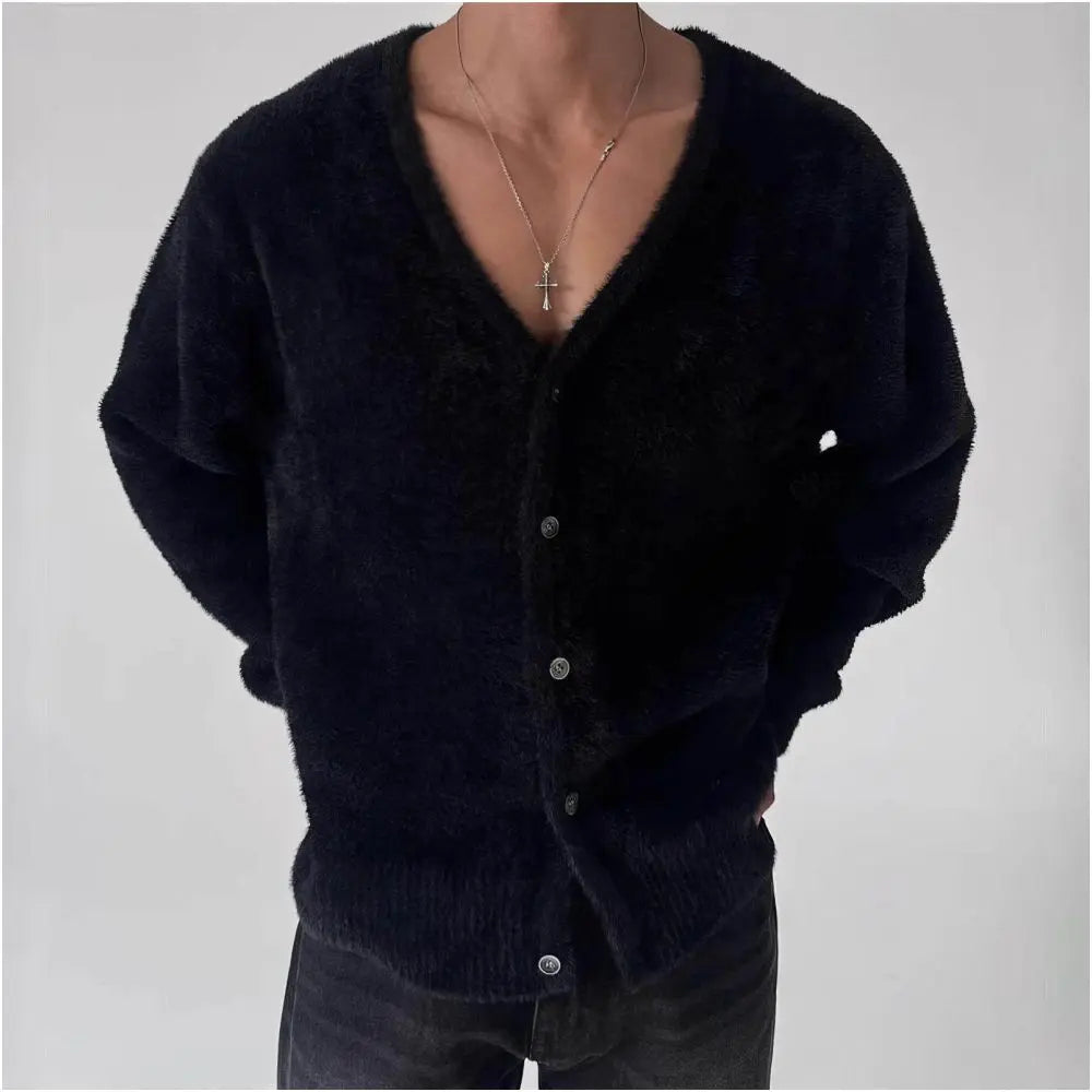 Light blue sweater cardigan men s spring and autumn V neck soft and lazy style knitted sweater warm and thick plush jacket image 4