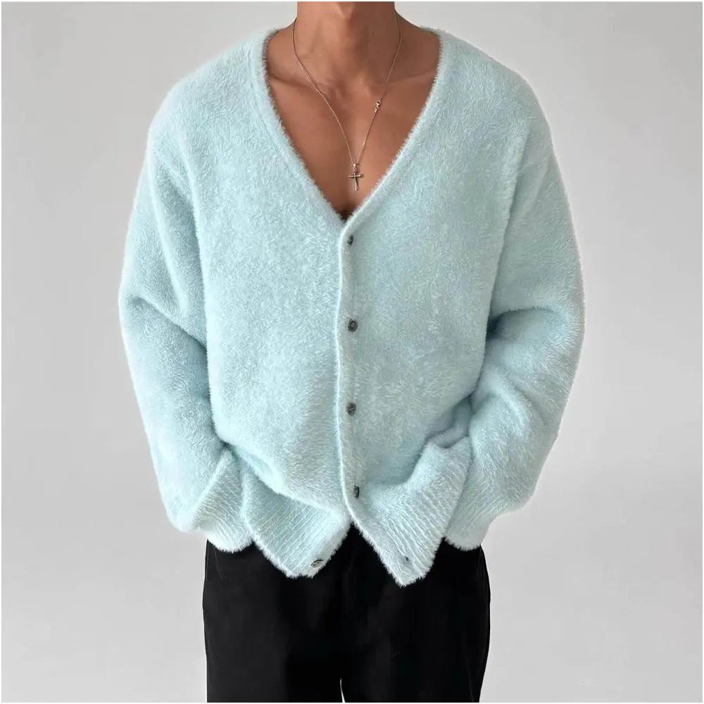 Light blue sweater cardigan men s spring and autumn V neck soft and lazy style knitted sweater warm and thick plush jacket image 0