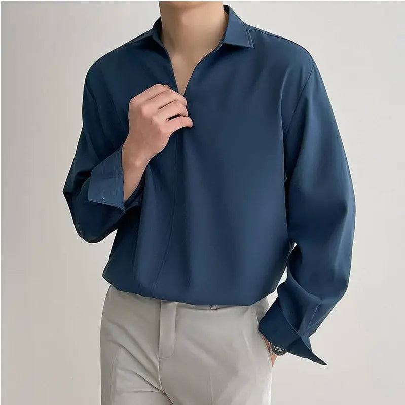KOREAN LOOSE FIT V-NECK SILKY LONG-SLEEVE SHIRT Mrcyc