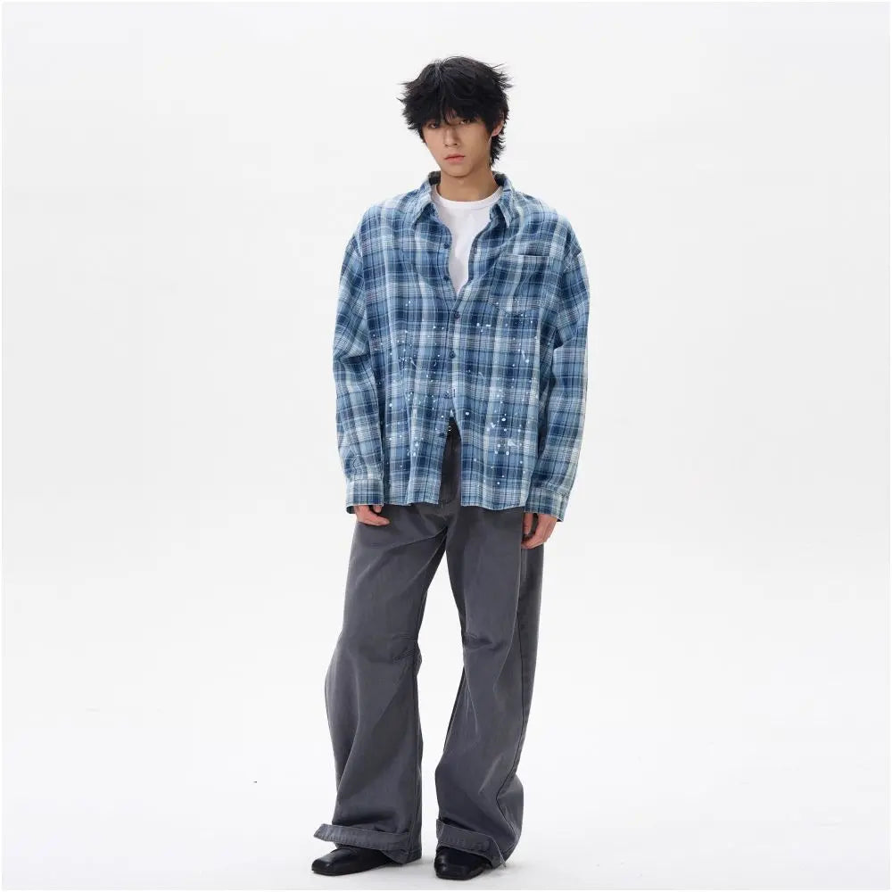 American retro pleated silhouette curved denim casual pants for men and women clean fit high street loose fitting wide leg pants for couples image 3