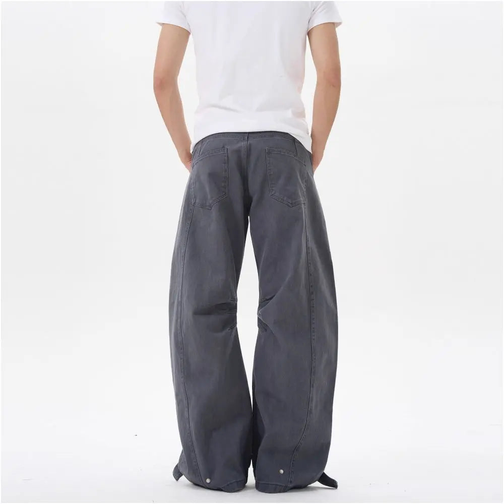 American retro pleated silhouette curved denim casual pants for men and women clean fit high street loose fitting wide leg pants for couples image 4