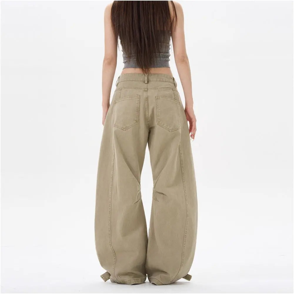 American retro pleated silhouette curved denim casual pants for men and women clean fit high street loose fitting wide leg pants for couples image 5