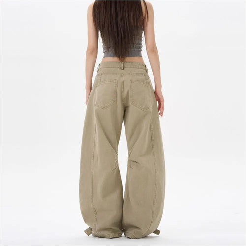 American retro pleated silhouette curved denim casual pants for men and women clean fit high street loose fitting wide leg pants for couples image 5