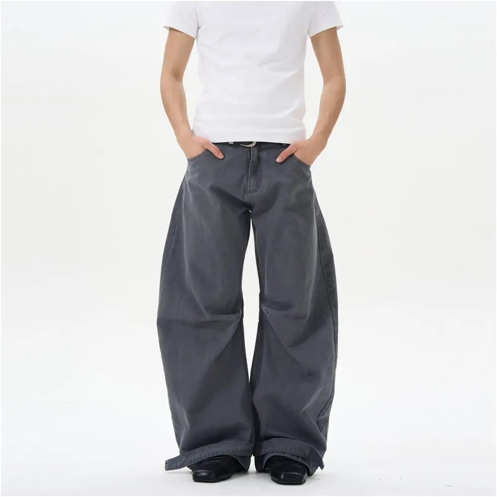 AMERICAN RETRO PLEATED CURVED WIDE-LEG DENIM PANTS 无品牌/无注册商标