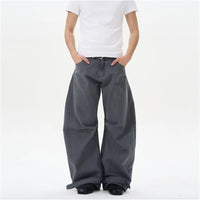 RETRO PLEATED CURVED WIDE-LEG DENIM PANTS