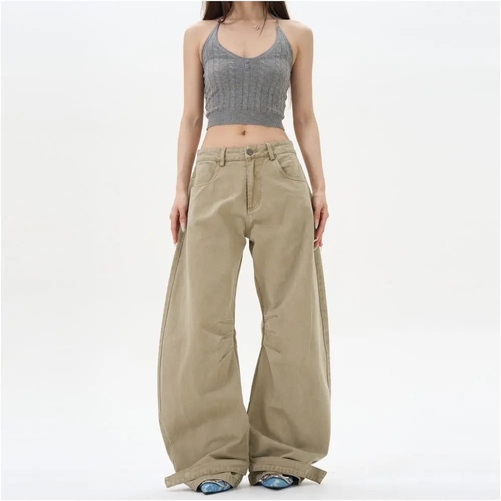 AMERICAN RETRO PLEATED CURVED WIDE-LEG DENIM PANTS 无品牌/无注册商标