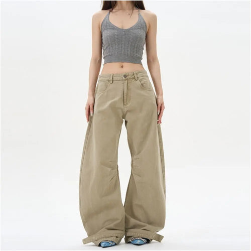 AMERICAN RETRO PLEATED CURVED WIDE-LEG DENIM PANTS 无品牌/无注册商标