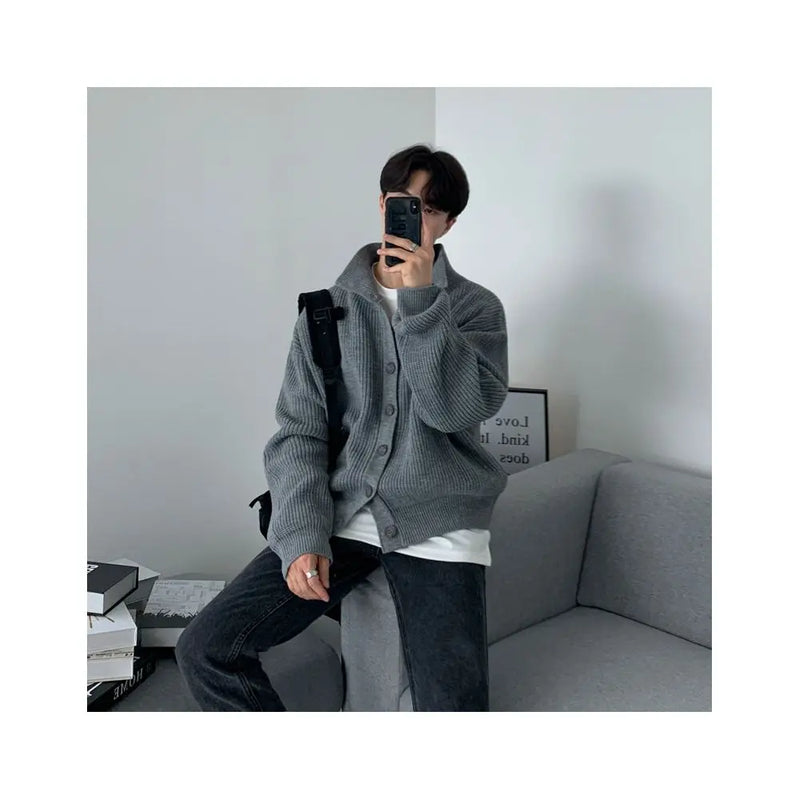 STAND COLLAR LOOSE FIT KNIT CARDIGAN SWEATER
