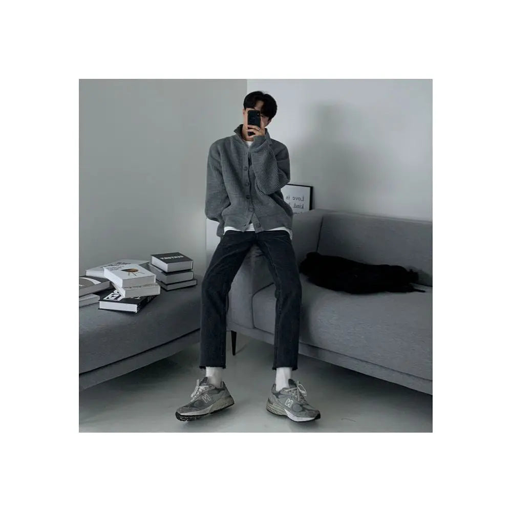 MRCYC stand up collar cardigan sweater for men in spring and autumn Korean style loose trendy high end retro knit sweater jacket image 4