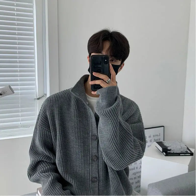 STAND COLLAR LOOSE FIT KNIT CARDIGAN SWEATER