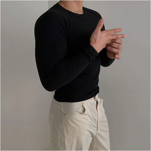 MRCYC minimalist slim fit long sleeved T shirt for men in spring solid color round neck base shirt Korean trend sports and fitness top image 2