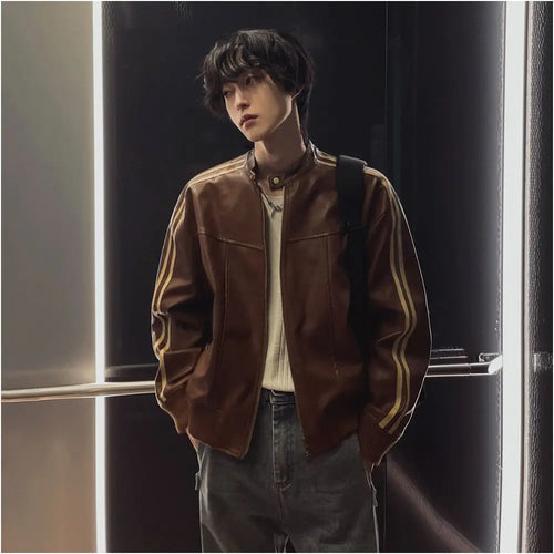 MRCYC Melard style leather jacket men s autumn loose stand up collar top Korean trendy motorcycle leather jacket image 2