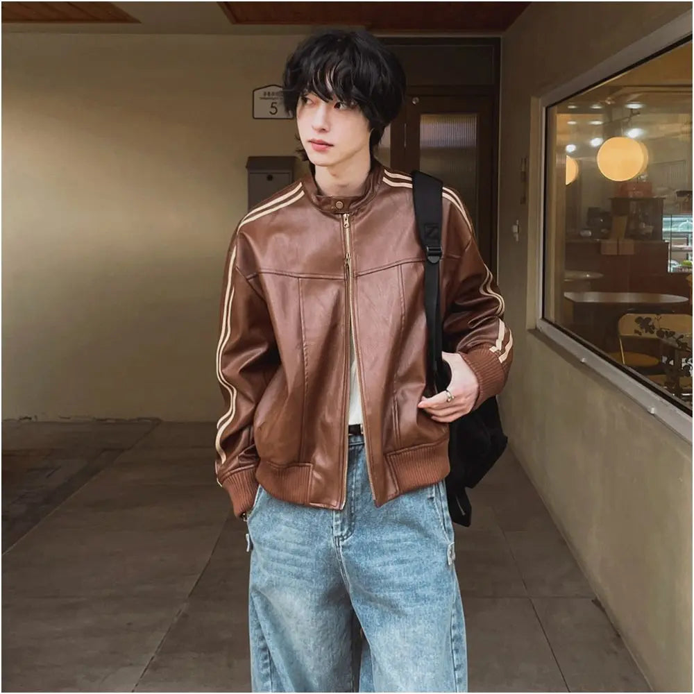 MRCYC Melard style leather jacket men s autumn loose stand up collar top Korean trendy motorcycle leather jacket image 4