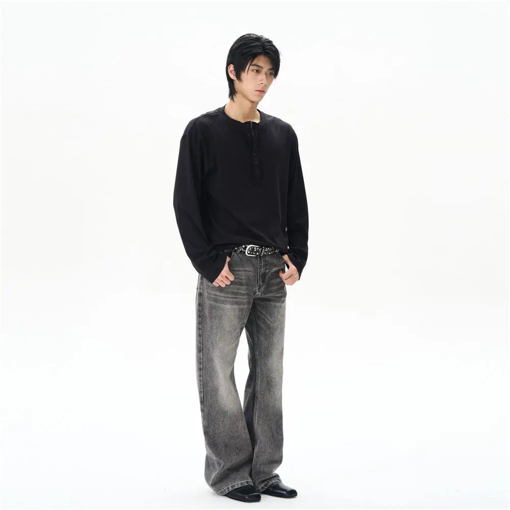 Oulang s store features American retro micro trumpet smoke gray jeans men s rugged and handsome high end feel niche pants couple trend image 3