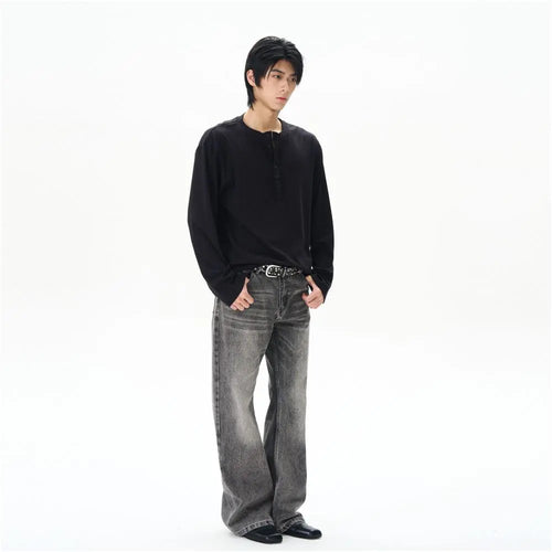 Oulang s store features American retro micro trumpet smoke gray jeans men s rugged and handsome high end feel niche pants couple trend image 3