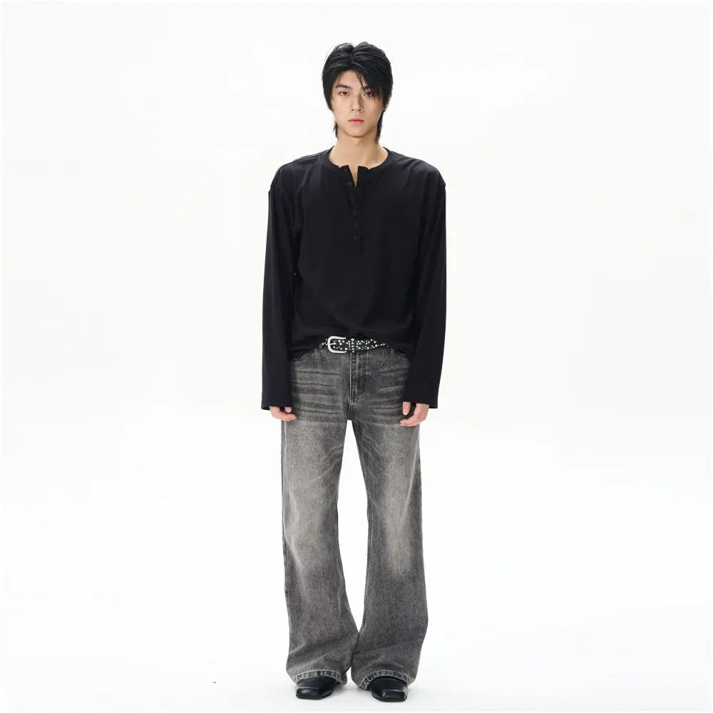 Oulang s store features American retro micro trumpet smoke gray jeans men s rugged and handsome high end feel niche pants couple trend image 5