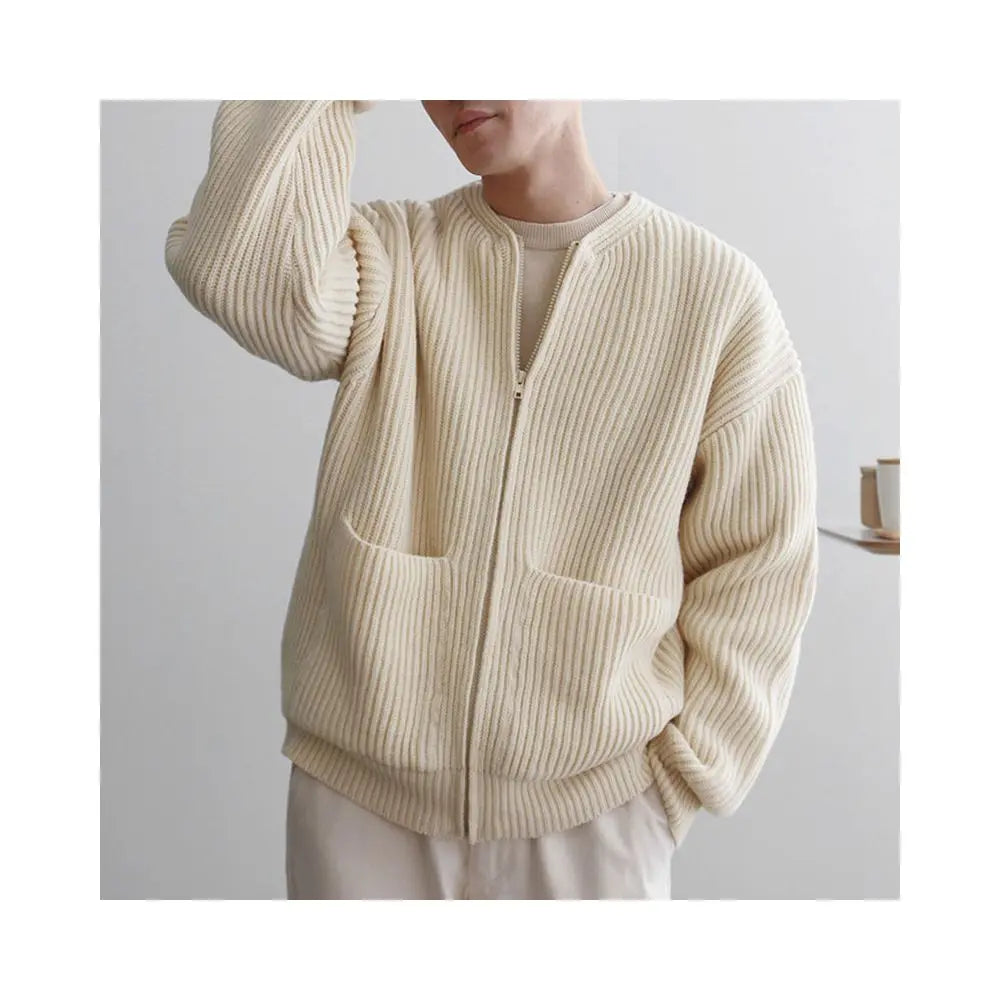Apricot zipper knitted cardigan jacket for men in spring and autumn fashion high end thickened solid color loose casual round neck sweater image 2