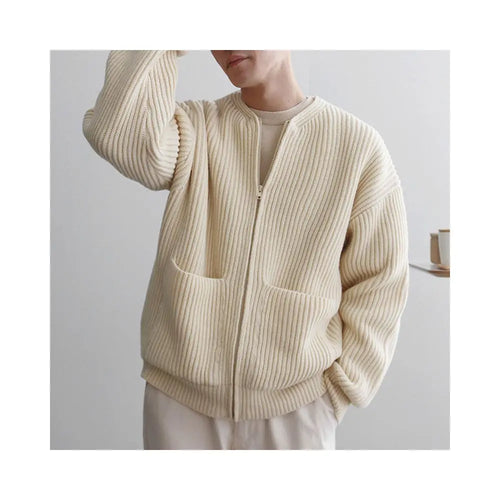 Apricot zipper knitted cardigan jacket for men in spring and autumn fashion high end thickened solid color loose casual round neck sweater image 2
