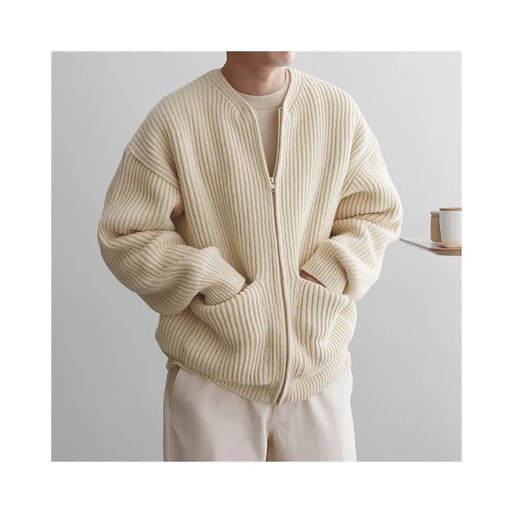 Apricot zipper knitted cardigan jacket for men in spring and autumn fashion high end thickened solid color loose casual round neck sweater image 4