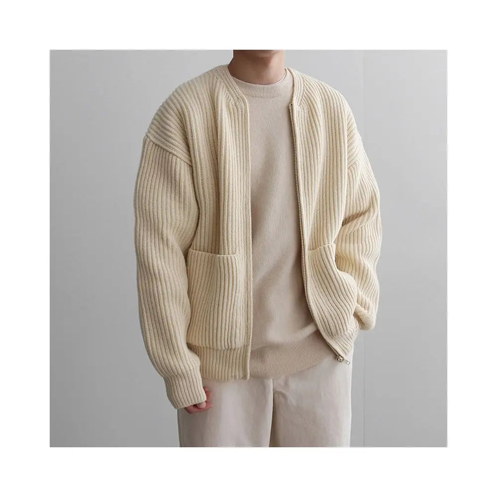Apricot zipper knitted cardigan jacket for men in spring and autumn fashion high end thickened solid color loose casual round neck sweater image 5