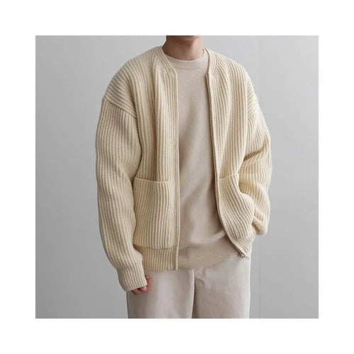 Apricot zipper knitted cardigan jacket for men in spring and autumn fashion high end thickened solid color loose casual round neck sweater image 5