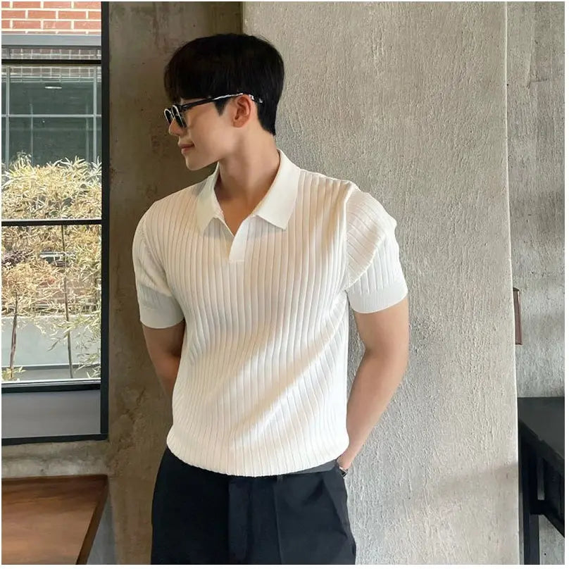 JAPANESE STYLE KNIT POLO SHORT-SLEEVE T-SHIRT 我是大卫