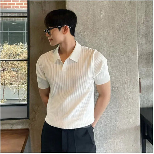 JAPANESE STYLE KNIT POLO SHORT-SLEEVE T-SHIRT 我是大卫