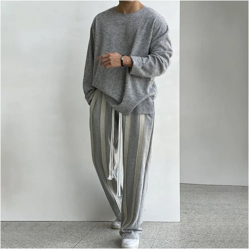 Men s grey striped straight leg sweatpants early autumn style relaxed design loose fit heavyweight pure cotton drawstring sweatpants image 1