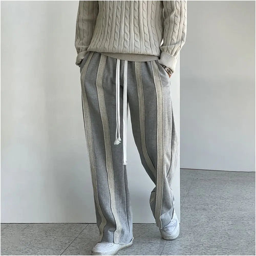 Men s grey striped straight leg sweatpants early autumn style relaxed design loose fit heavyweight pure cotton drawstring sweatpants image 2