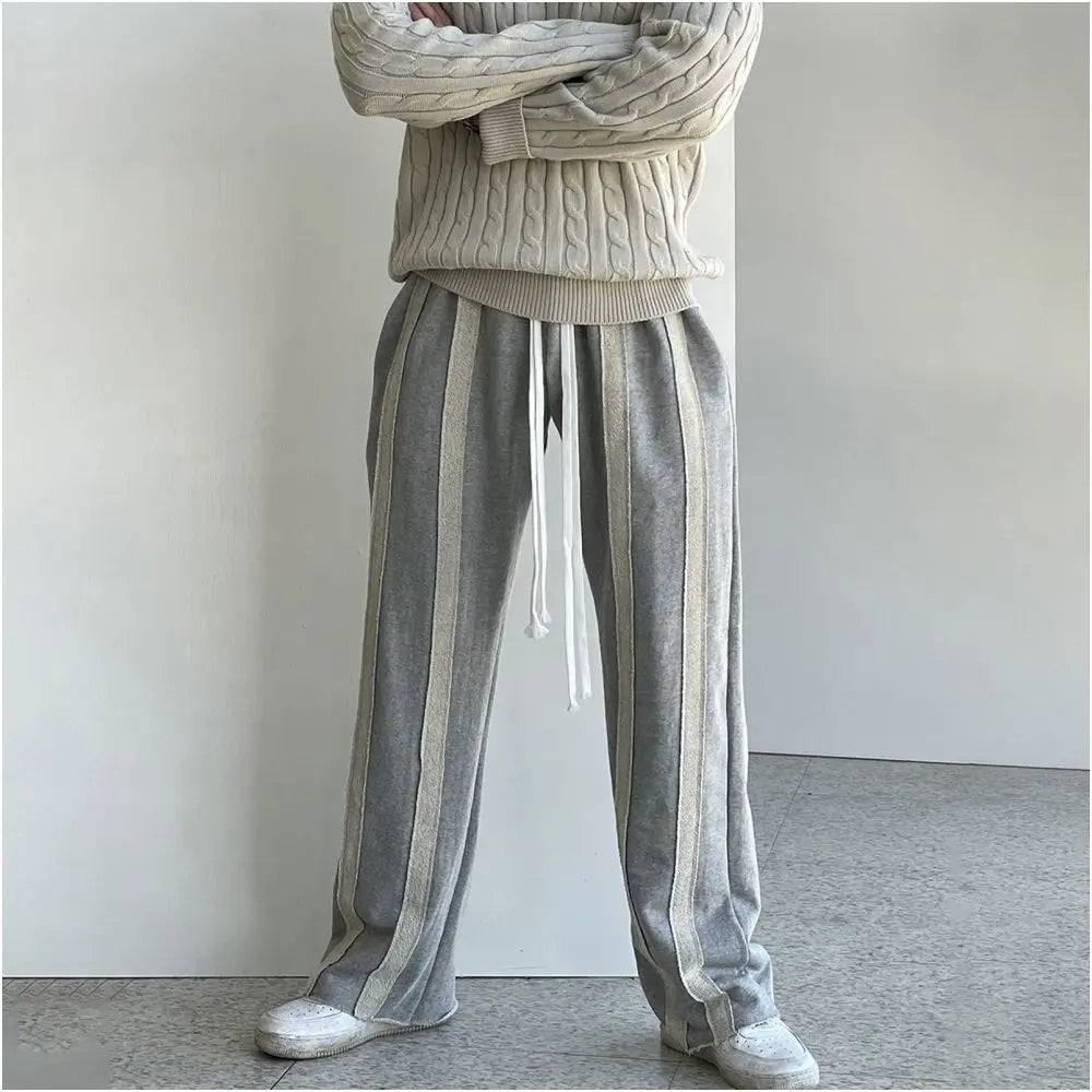 Men s grey striped straight leg sweatpants early autumn style relaxed design loose fit heavyweight pure cotton drawstring sweatpants image 3