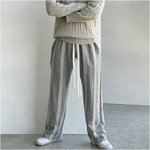 Men s grey striped straight leg sweatpants early autumn style relaxed design loose fit heavyweight pure cotton drawstring sweatpants image 3