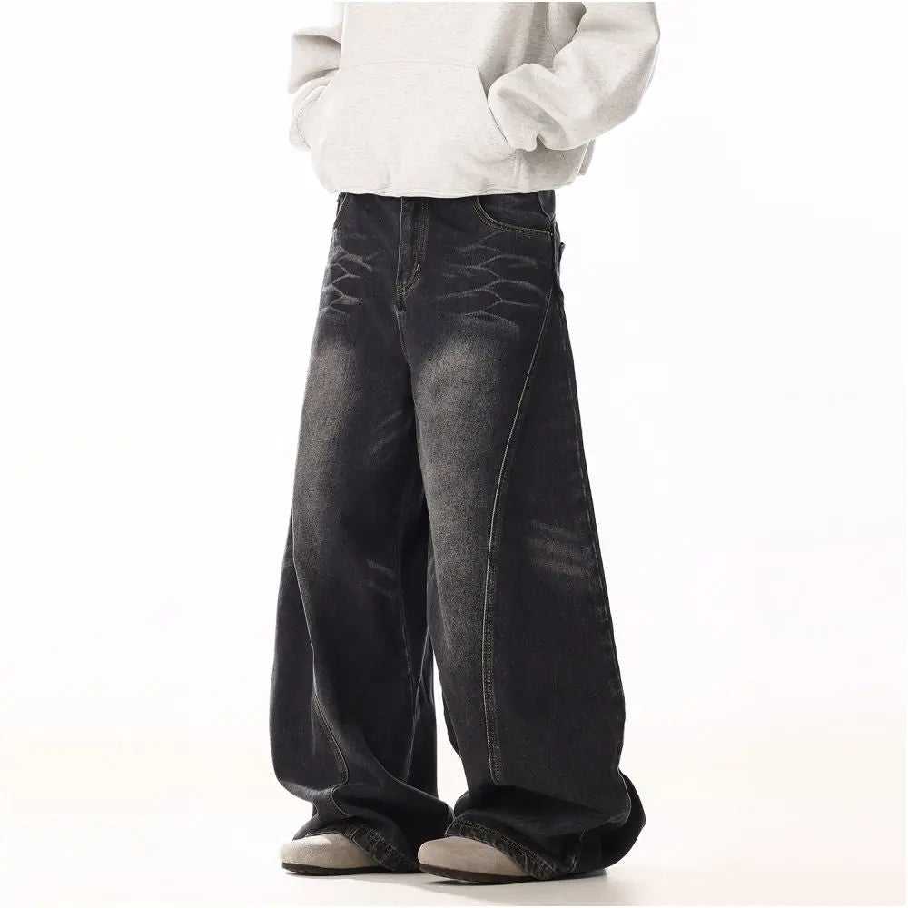 American retro cat whisker design black curved knife jeans for men and women rugged and handsome vintage high street loose casual wide leg pants image 3