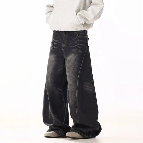 American retro cat whisker design black curved knife jeans for men and women rugged and handsome vintage high street loose casual wide leg pants image 3