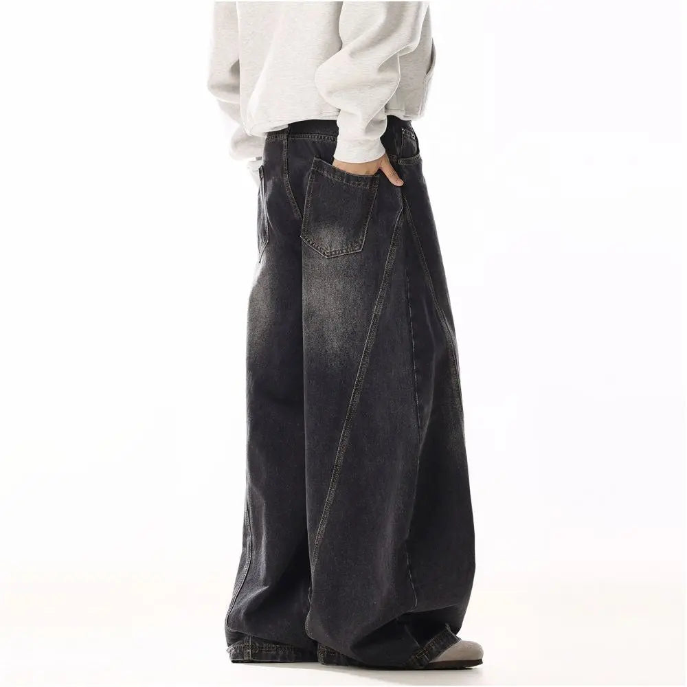 American retro cat whisker design black curved knife jeans for men and women rugged and handsome vintage high street loose casual wide leg pants image 4
