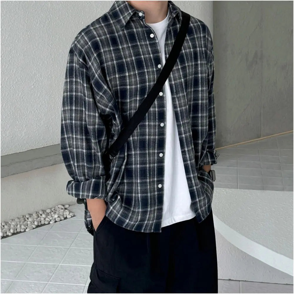 Japanese Style Retro Plaid Long Sleeve Shirt image 2