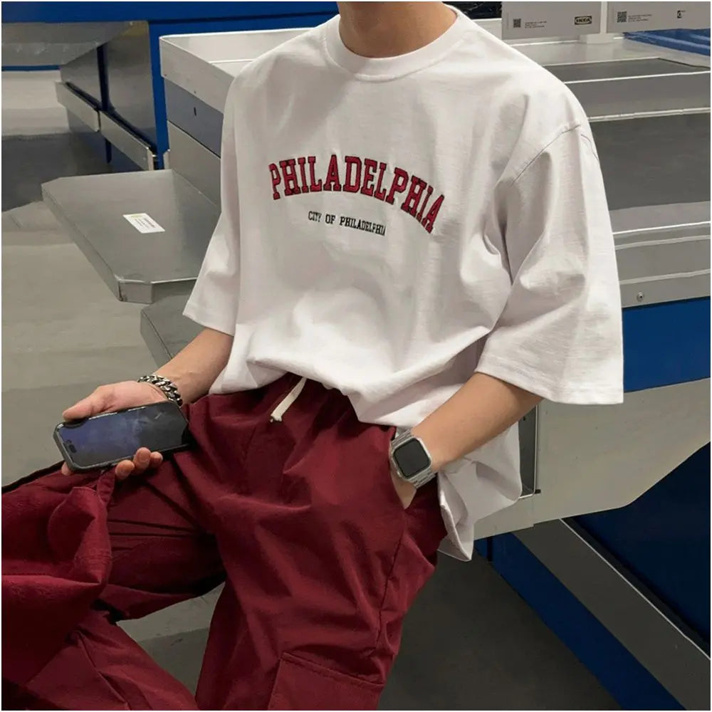 COTTON CREW NECK LETTER PRINT T SHIRT image 2