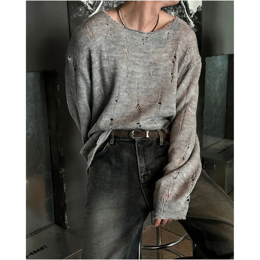 DISTRESSED KNIT LONG SLEEVE SUN PROTECTION TOP