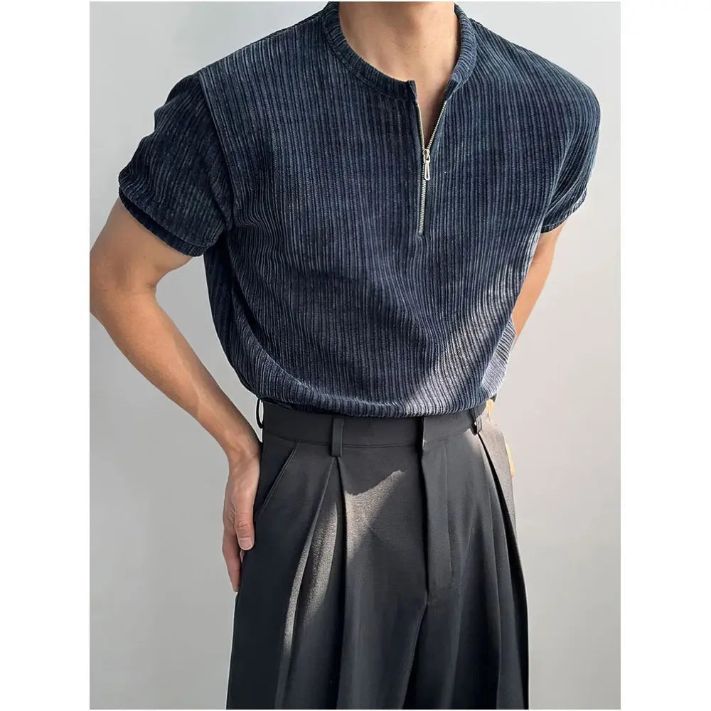 HALF ZIP KNITTED SHORT SLEEVE TOP