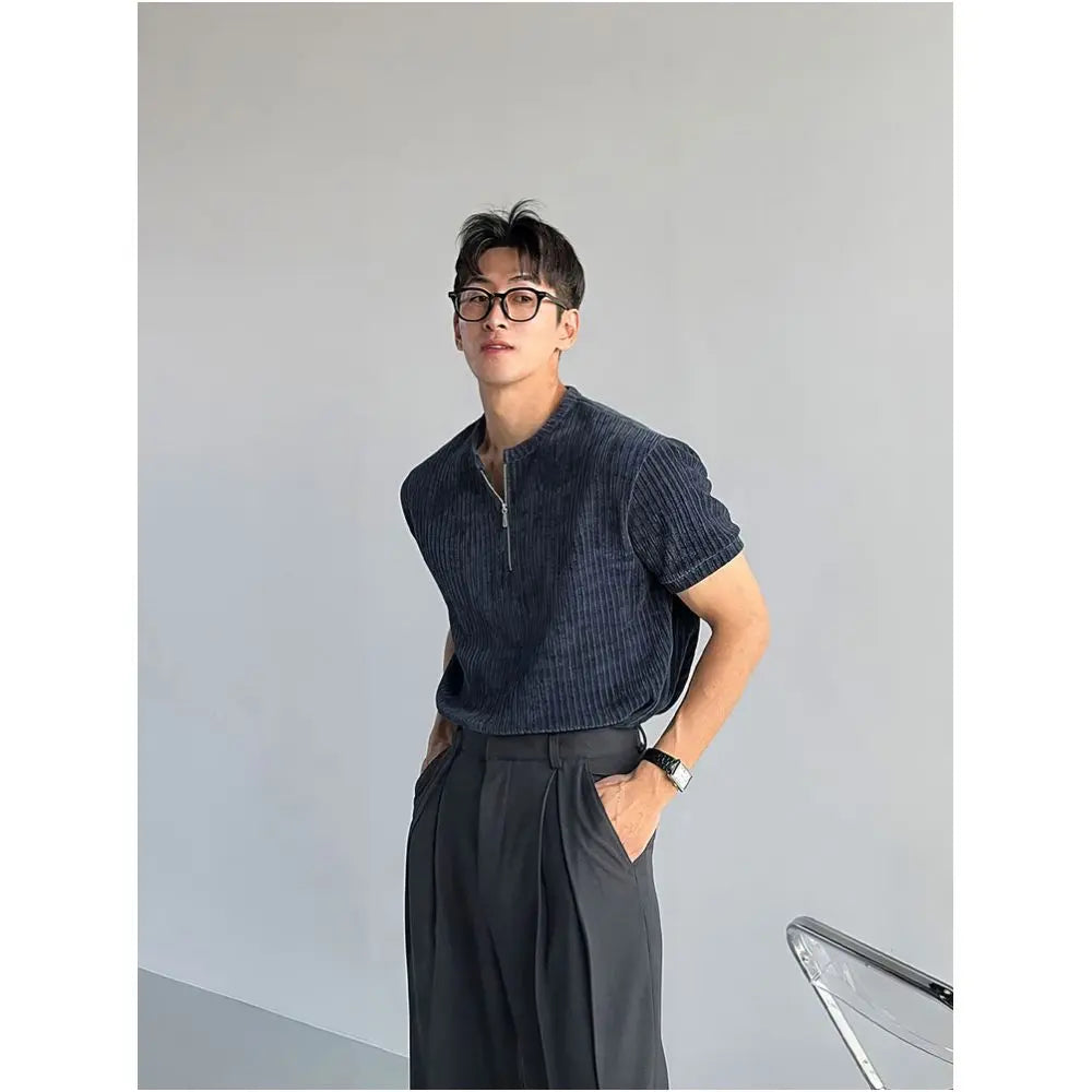 HALF ZIP KNITTED SHORT SLEEVE TOP