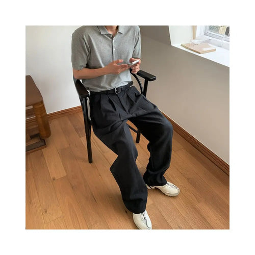 Black linen pleated casual pants for men lightweight and breathable for spring and summer versatile straight leg pants with a lazy and flowing style wide leg pants image 2