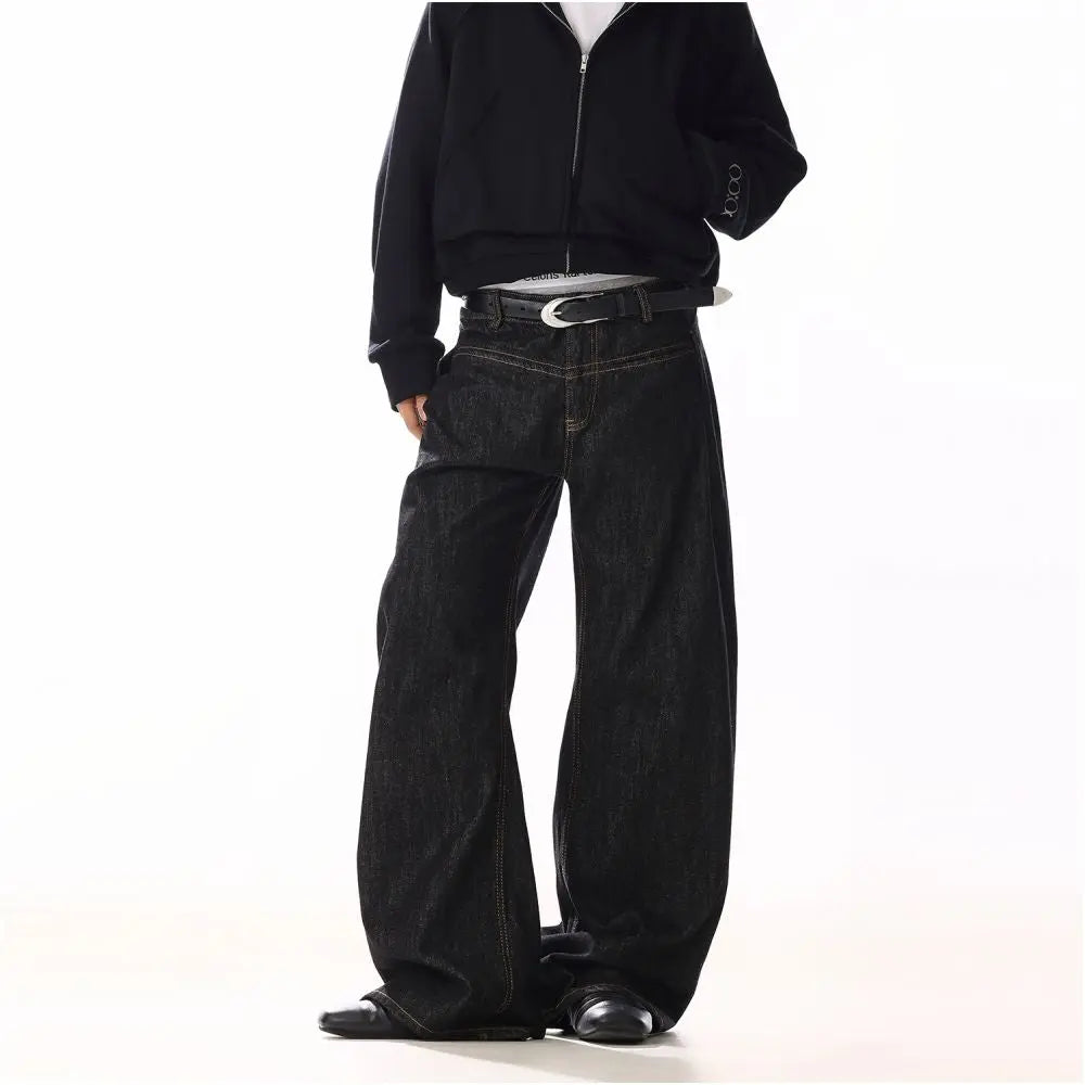 American retro raw color curved blade jeans unisex design niche and stylish loose and casual wide leg pants URBANCLANS
