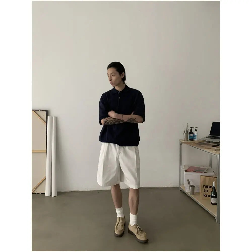 RETRO MINIMALIST DOUBLE PLEATED CASUAL SHORTS image 2